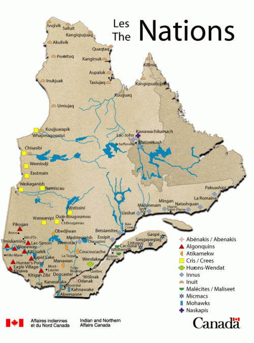 Les Nations au Qubec. Karte: Regierung von Canada, www.ainc-inac.gc.ca/qc/aqc/nat_f.html