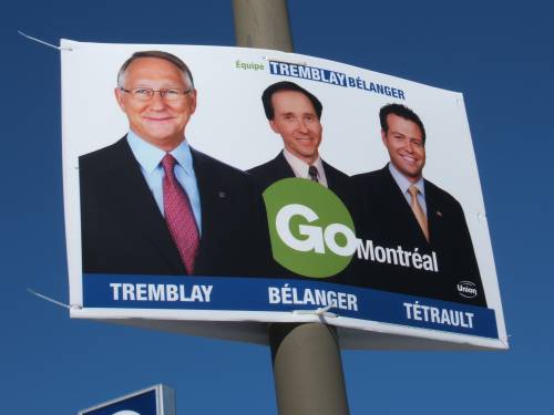 Wahlplakat mit Brgermeister Tremblay und zwei weiteren Politikern und dem Spruch 'Go Montral'. Foto: Paul Morf Gronert